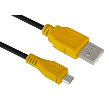 GCR Кабель micro USB 2.0  0.3m черный, желтые коннекторы, 28/28 AWG, AM / microB 5pin,  Russia, экран, армированный, морозостойкий