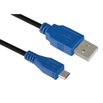 GCR  Кабель micro USB 2.0  0.3m черный, синие коннекторы, 28/28 AWG, AM / microB 5pin, экран, армированный, морозостойкий