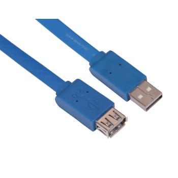 GCR  Удлинитель USB 2.0  0.3m плоский, синий, 28/24 AWG, AM / AF, PRO, морозостойкий