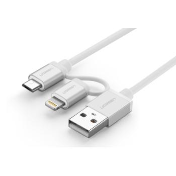 UGREEN Кабель интерфейсный 1.5m USB 2.0 AM / Mirco USB AM +  Адаптер Mirco USB AF / Lightning AM, белый